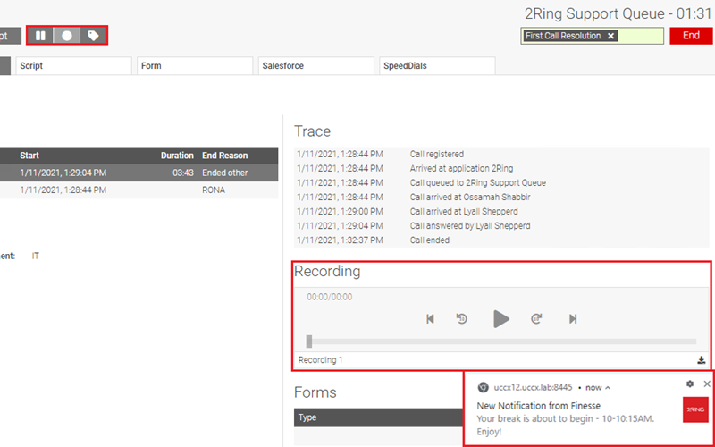 Calabrio Call Recording and Toast Notification in Cisco Finesse