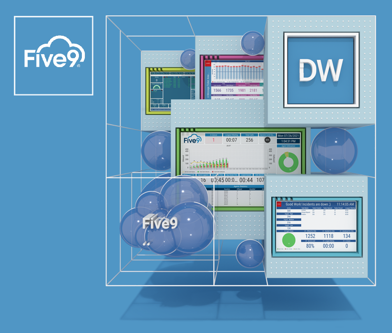 A visual graphic depicting 2Ring's real-time reporting solution integrating with Five9 contact centers