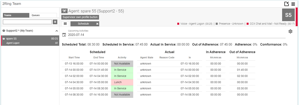 Calabrio WFM Schedule in 2Ring Team Gadget for Cisco Finesse