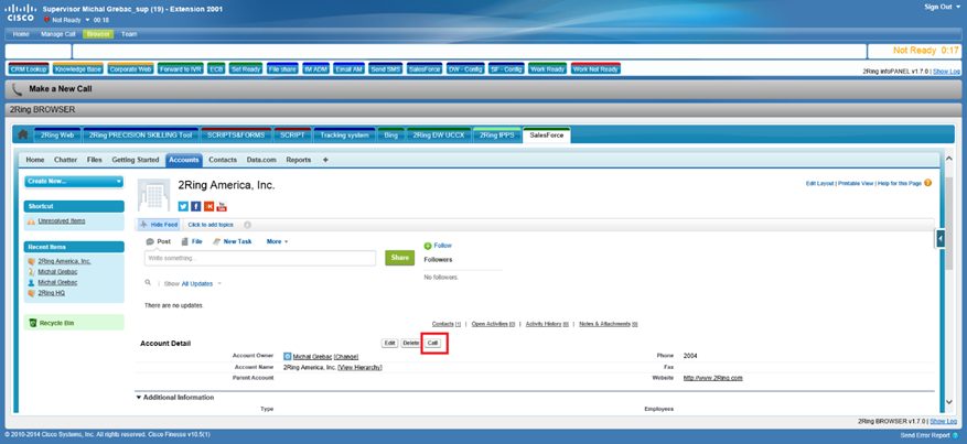 Cisco Finesse 10.5 with Salesforce UI embedded in 2Ring Browser Gadget