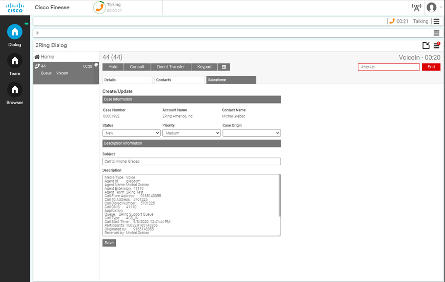 A Salesforce profile app inside Cisco Finesse for creating and updating tickets.