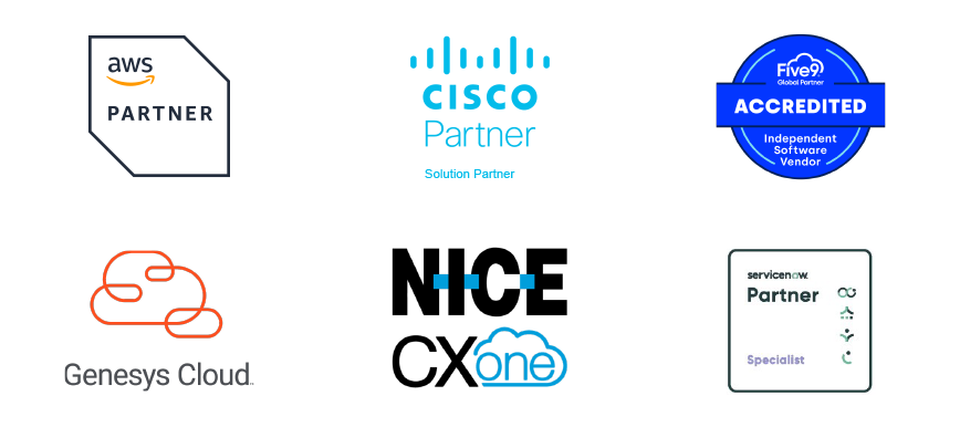 A collage of contact center platforms 2Ring supports: Amazon Connect, Webex Contact Center, Five9, Genesys Cloud, NICE CXone, and ServiceNow